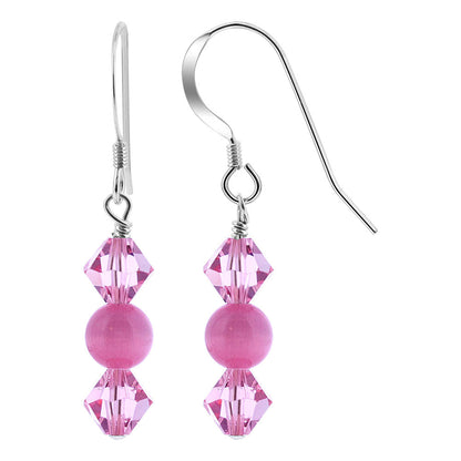 925 Sterling Silver Pink Cats Eye with Austrian Crystals Handmade Dangle Earrings - Gem Avenue