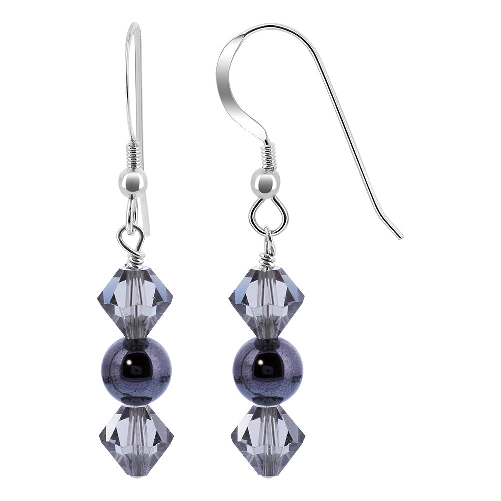 925 Sterling Silver Hematite with Black Austrian Crystals Handmade Dangle Earrings - Gem Avenue