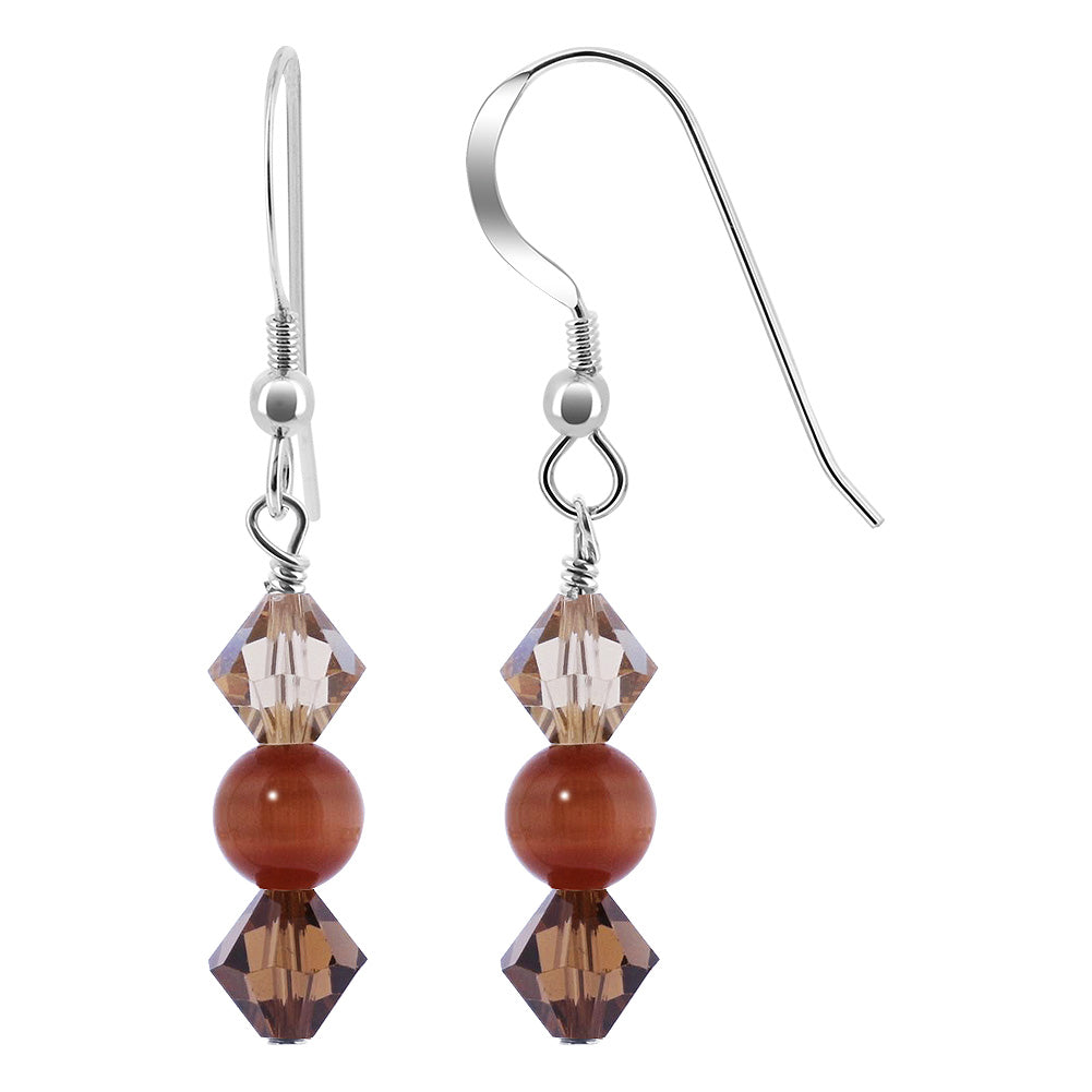 925 Sterling Silver Brown Cats Eye with Brown Austrian Crystals Handmade Earrings - Gem Avenue