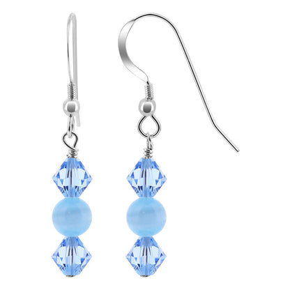 Blue Cats Eye Beads with Austrian Crystals 925 Sterling Silver Drop Earrings - Gem Avenue