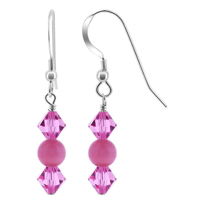 925 Sterling Silver Pink Cats Eye with Austrian Crystals Handmade Dangle Earrings - Gem Avenue