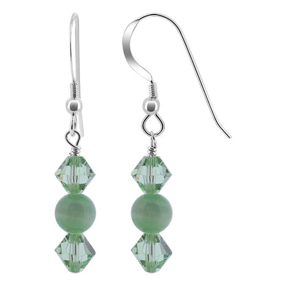 925 Sterling Silver Green Cats Eye with Austrian Crystals Handmade Dangle Earrings - Gem Avenue