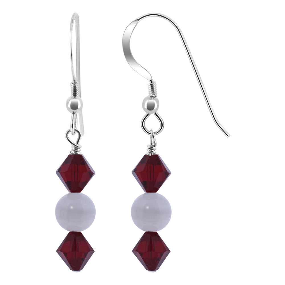 White Cats Eye and Red Austrian Crystals 925 Sterling Silver Drop Earrings - Gem Avenue