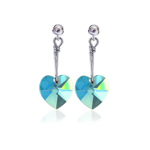 Light Green Heart Austrian Crystals Handmade .925 Silver Dangle Earrings