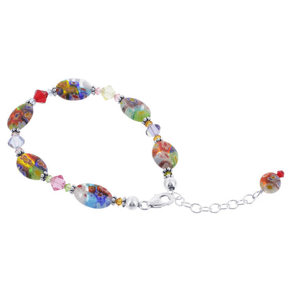 .925 Sterling Silver Bracelet with Austrian Crystals and Colorful Millefiori Glass Elegant Handmade Jewelry - Blue & Green
