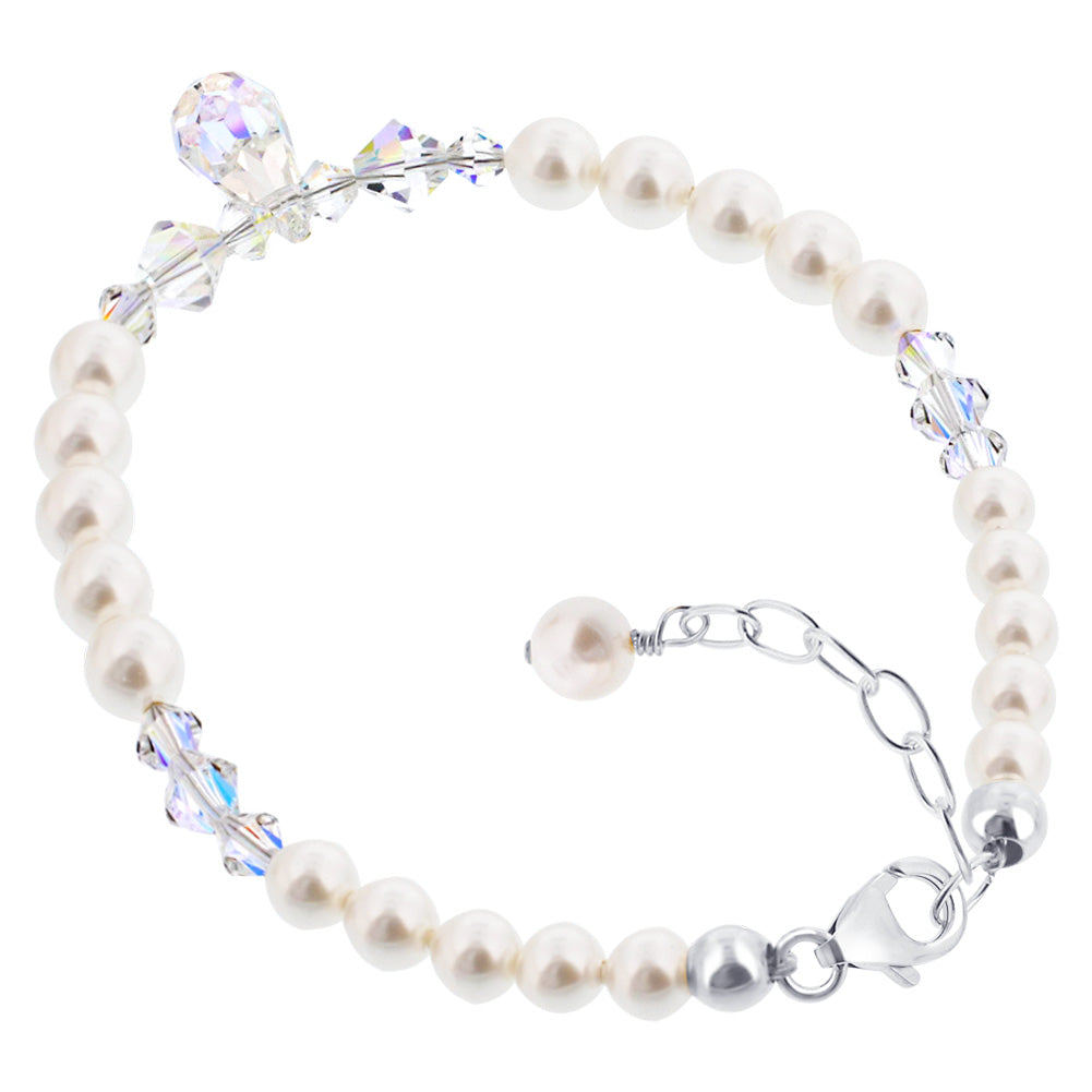 White Pearl Clear Austrian Crystals 9 inch 925 Sterling Silver Bracelet - Gem Avenue