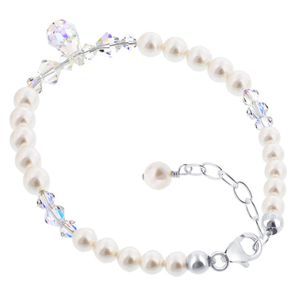 White Pearl Clear Austrian Crystals 9 inch 925 Sterling Silver Bracelet - Gem Avenue