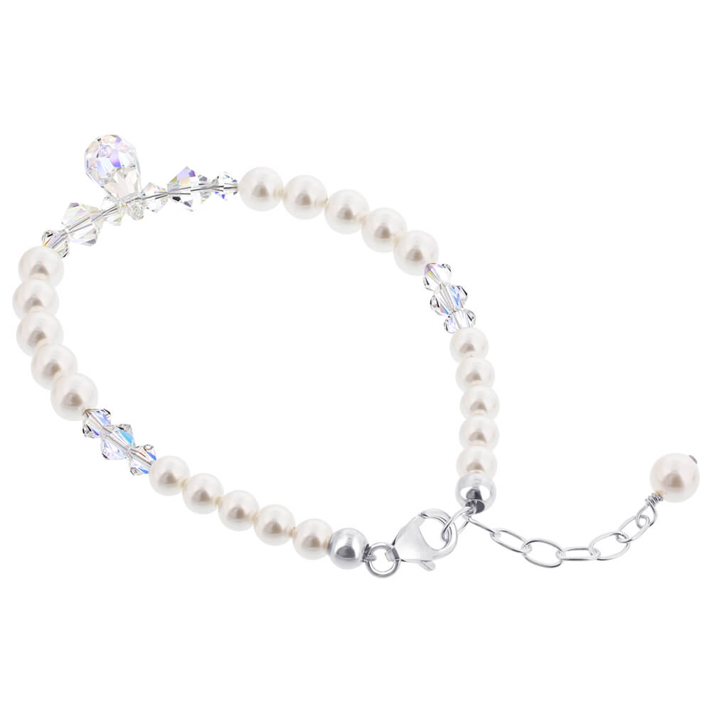 White Pearl Clear Austrian Crystals 9 inch 925 Sterling Silver Bracelet - Gem Avenue