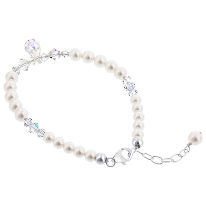 White Pearl Clear Austrian Crystals 9 inch 925 Sterling Silver Bracelet - Gem Avenue