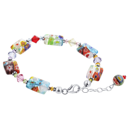 .925 Sterling Silver Bracelet with Austrian Crystals and Colorful Millefiori Glass Elegant Handmade Jewelry - Blue/Red/Green