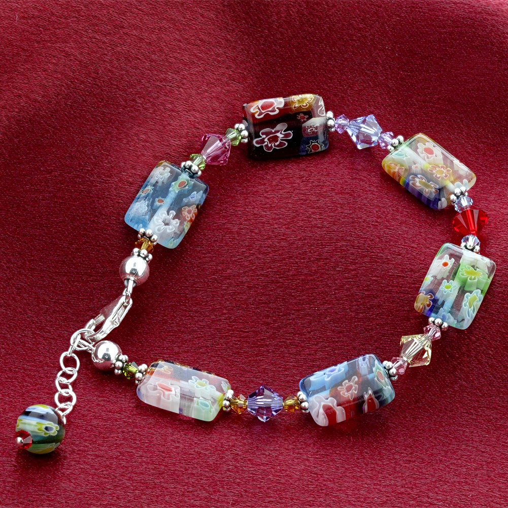 .925 Sterling Silver Bracelet with Austrian Crystals and Colorful Millefiori Glass Elegant Handmade Jewelry - Blue/Red/Green