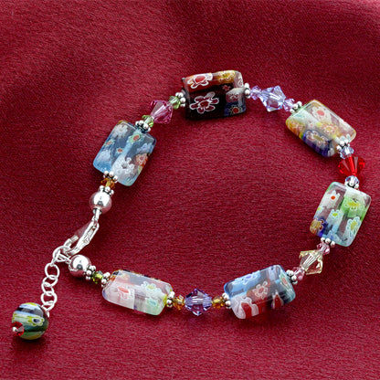 .925 Sterling Silver Bracelet with Austrian Crystals and Colorful Millefiori Glass Elegant Handmade Jewelry - Blue/Red/Green