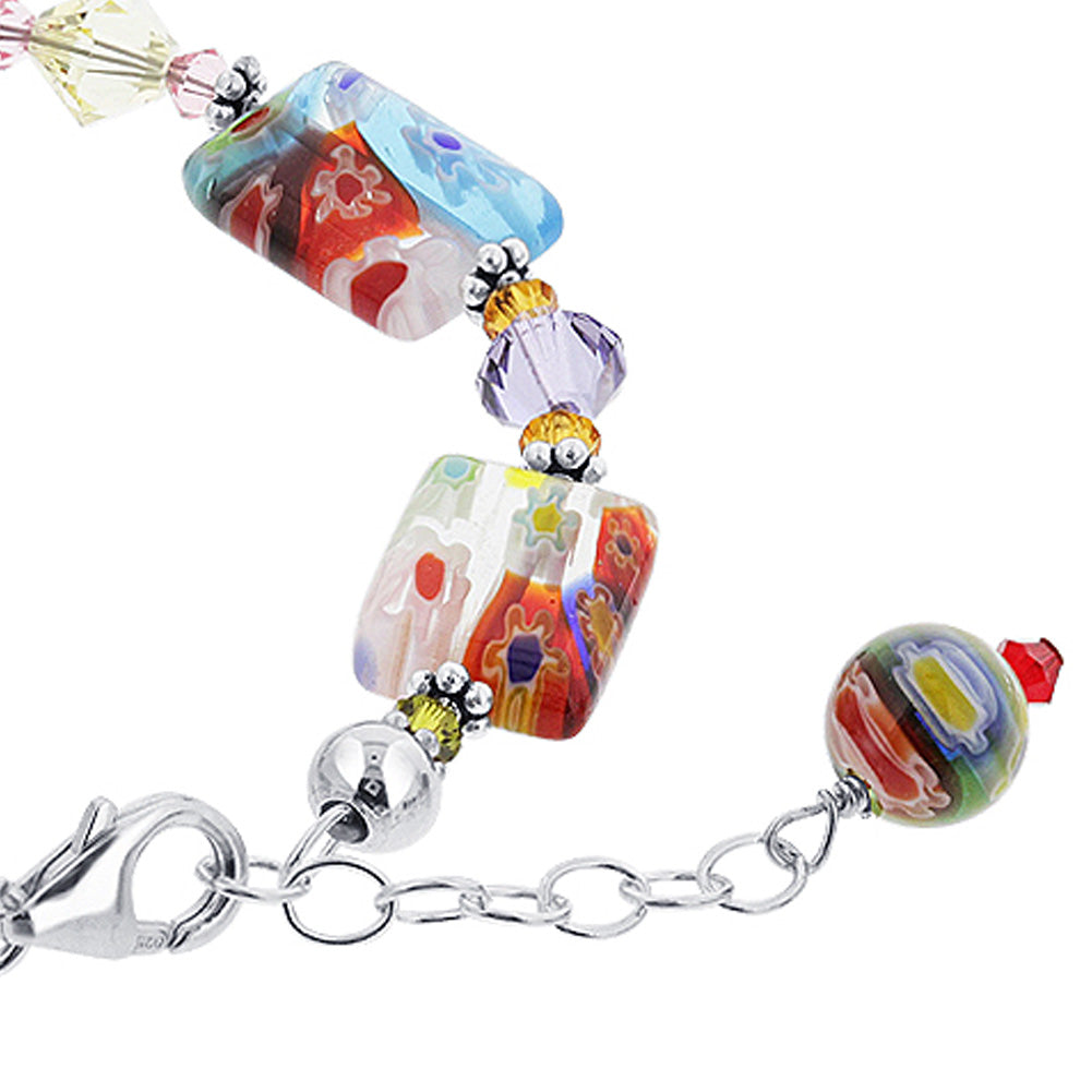 .925 Sterling Silver Bracelet with Austrian Crystals and Colorful Millefiori Glass Elegant Handmade Jewelry - Blue/Red/Green