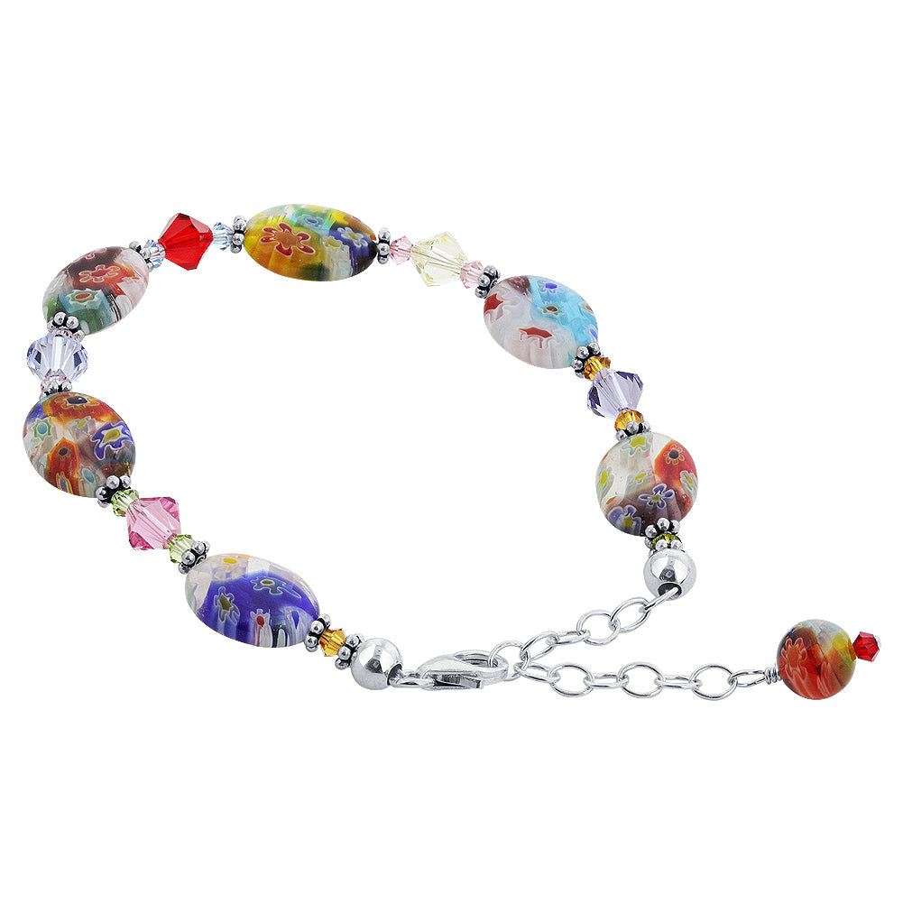 .925 Sterling Silver Bracelet with Austrian Crystals and Colorful Millefiori Glass Elegant Handmade Jewelry - Multicolor