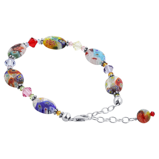 .925 Sterling Silver Bracelet with Austrian Crystals and Colorful Millefiori Glass Elegant Handmade Jewelry - Multicolor