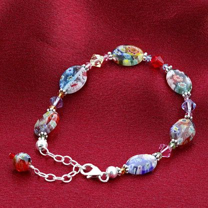.925 Sterling Silver Bracelet with Austrian Crystals and Colorful Millefiori Glass Elegant Handmade Jewelry - Multicolor