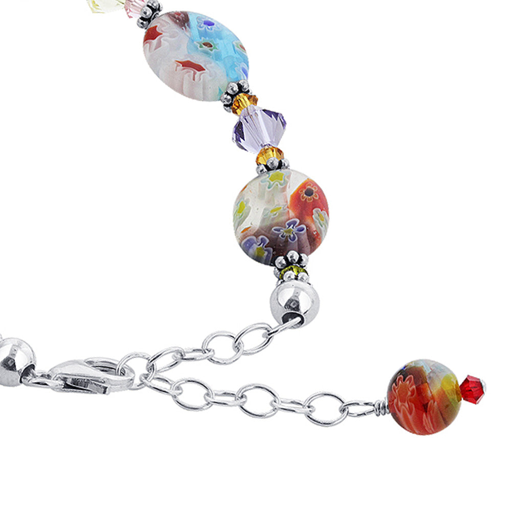 .925 Sterling Silver Bracelet with Austrian Crystals and Colorful Millefiori Glass Elegant Handmade Jewelry - Multicolor