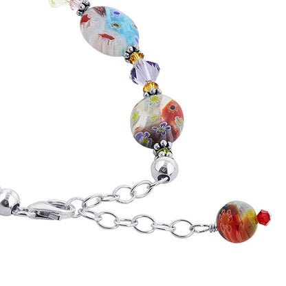.925 Sterling Silver Bracelet with Austrian Crystals and Colorful Millefiori Glass Elegant Handmade Jewelry - Multicolor