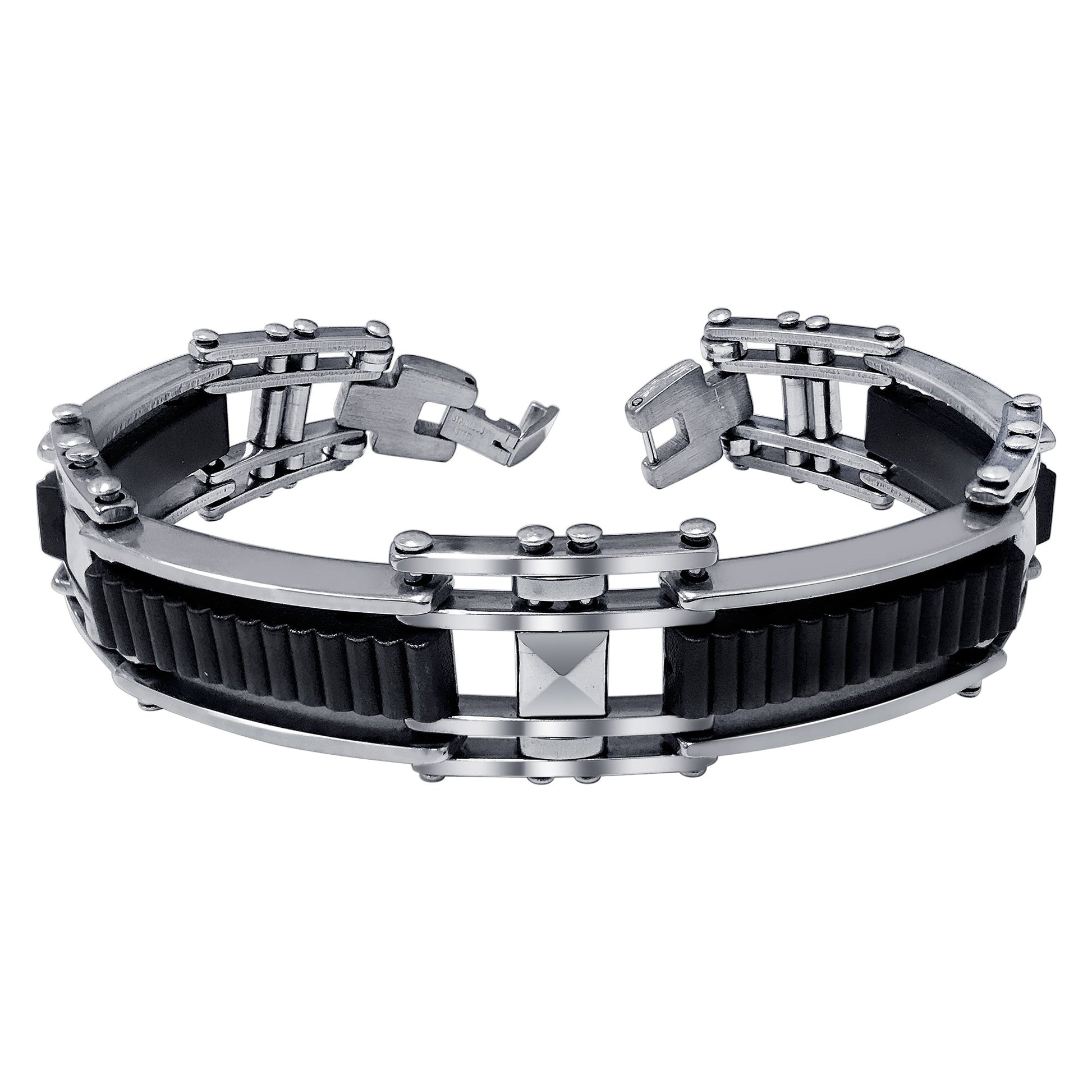 Men's Stainless Steel Black Rubber Link Chain Bracelet - Gem Avenue