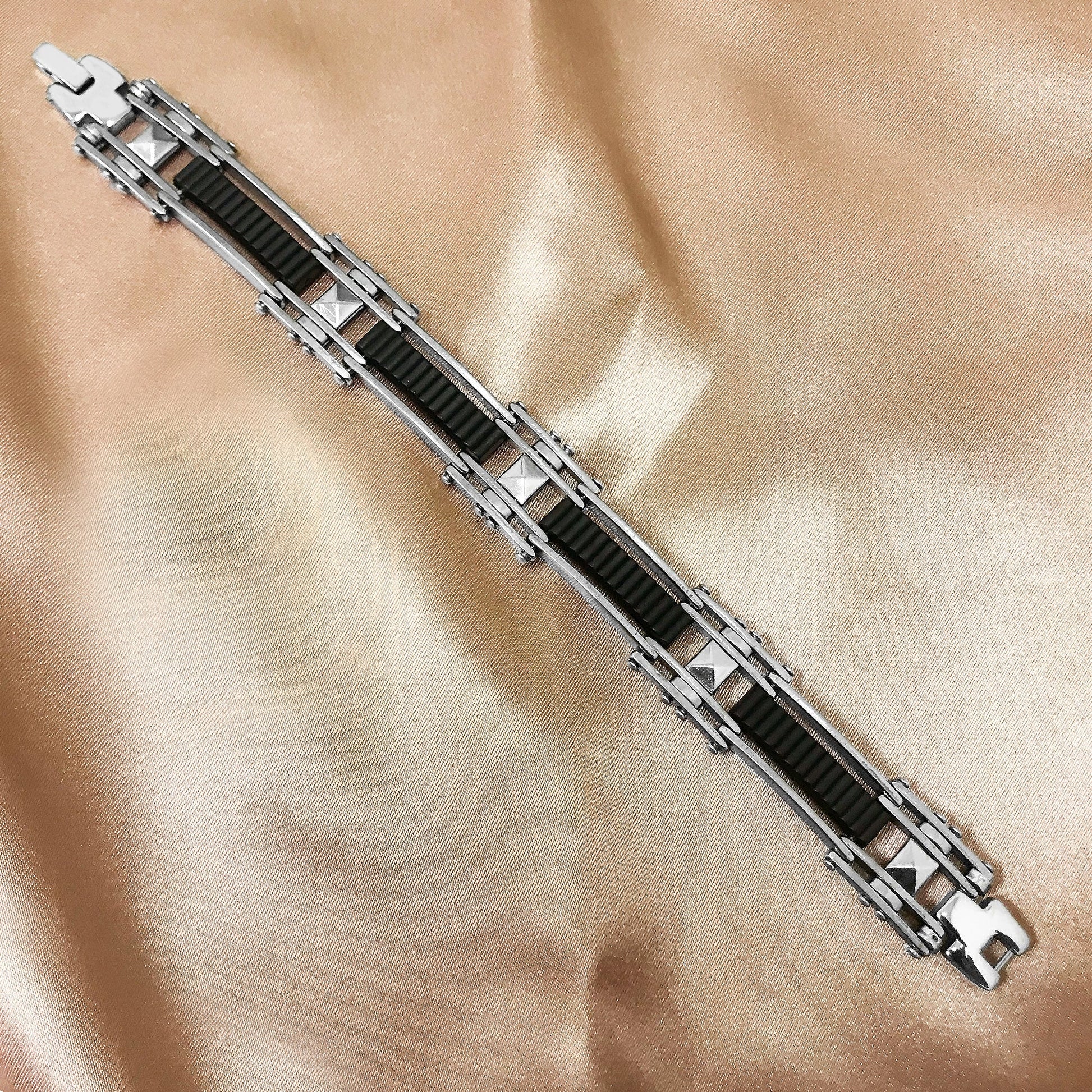 Men's Stainless Steel Black Rubber Link Chain Bracelet - Gem Avenue
