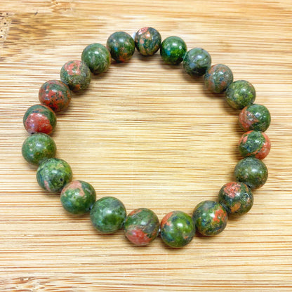 Green Unakite Gemstone Bead Handmade Stretch Unisex Bracelet - Gem Avenue