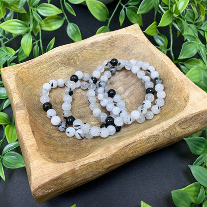 Black Rutilated Quartz Bead Unisex Handmade Stretch Bracelet - Gem Avenue