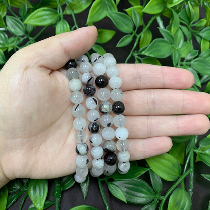 Black Rutilated Quartz Bead Unisex Handmade Stretch Bracelet - Gem Avenue