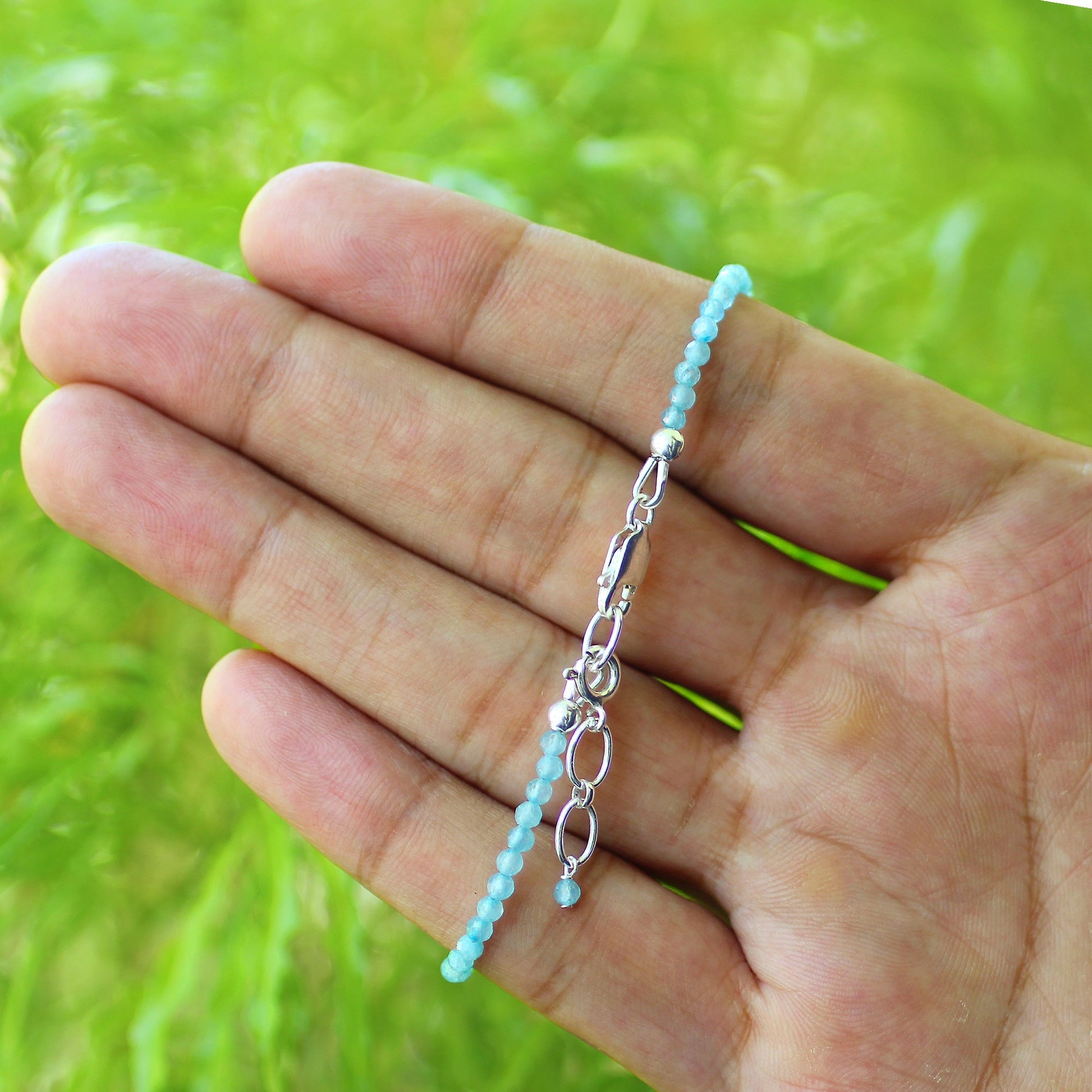 Natural Aquamarine 1.5mm Beads 925 Silver Clasp Gemstone Bracelets - Gem Avenue