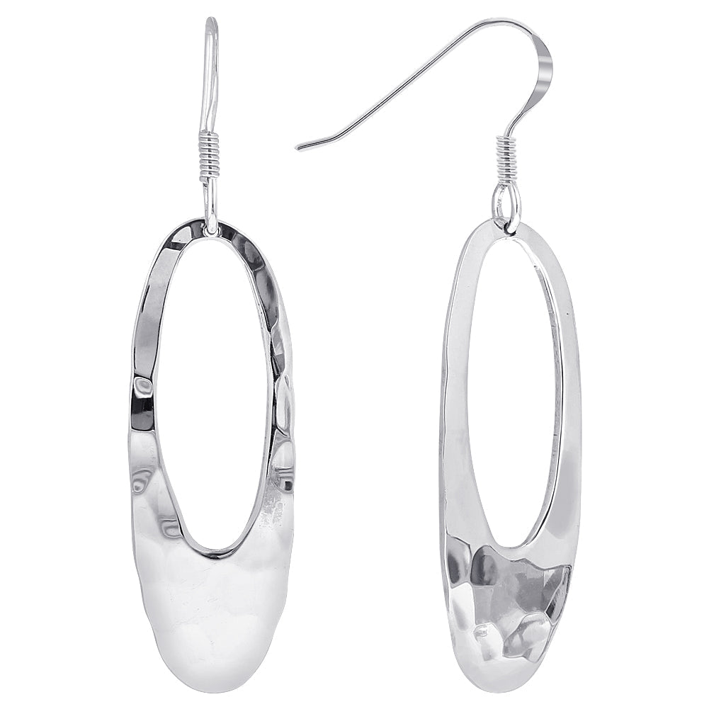 Hammered Finish Hollow Oval Sterling Silver Dangle Earrings - Gem Avenue