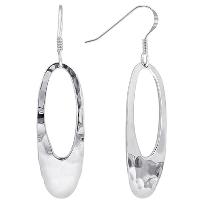 Hammered Finish Hollow Oval Sterling Silver Dangle Earrings - Gem Avenue