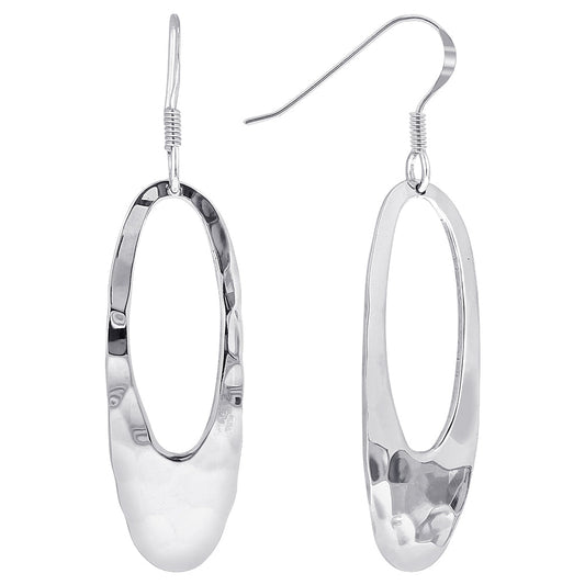 Hammered Finish Hollow Oval Sterling Silver Dangle Earrings - Gem Avenue