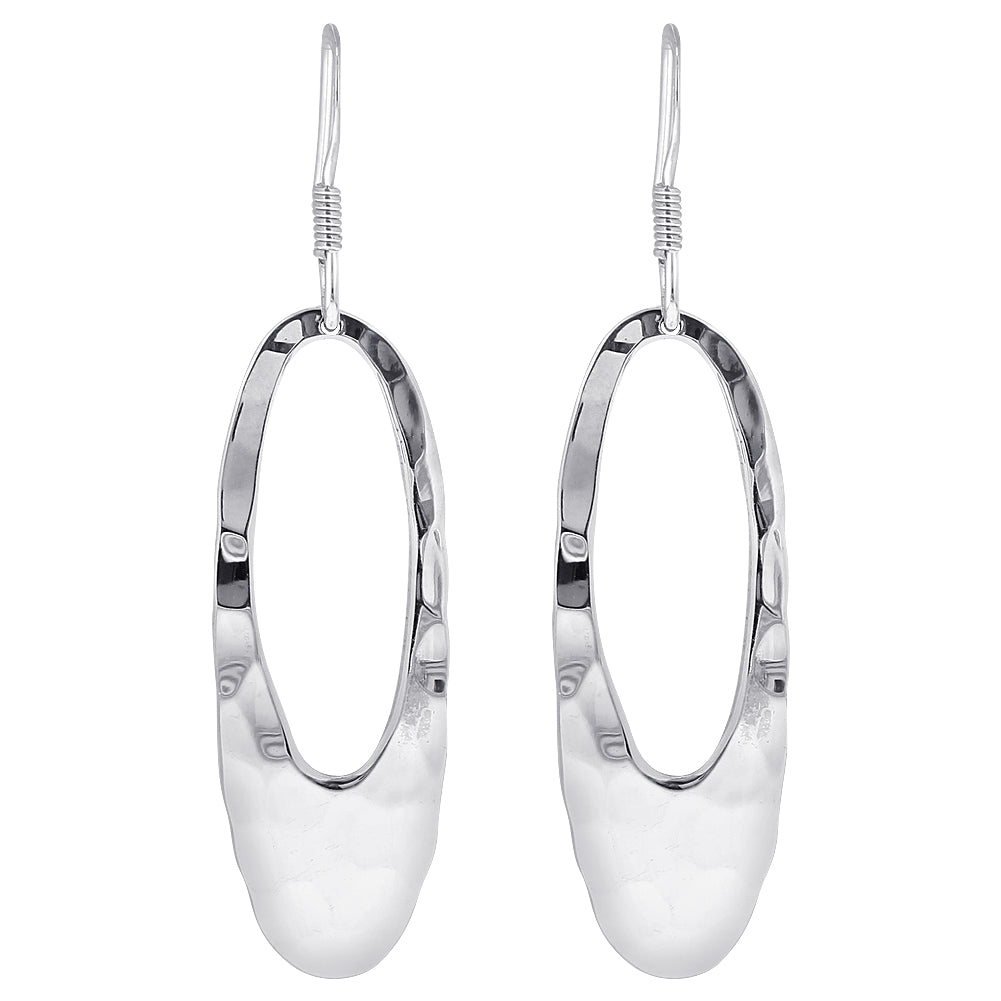 Hammered Finish Hollow Oval Sterling Silver Dangle Earrings - Gem Avenue