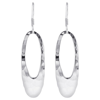 Hammered Finish Hollow Oval Sterling Silver Dangle Earrings - Gem Avenue