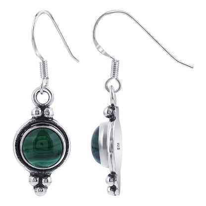 Round Simulated Green Malachite French Hook Drop Earrings in .925 Sterling Silver