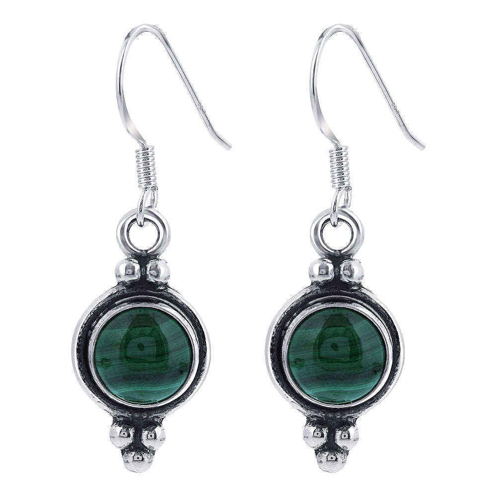 Round Simulated Green Malachite French Hook Drop Earrings in .925 Sterling Silver