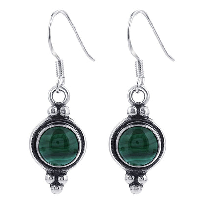 Round Simulated Green Malachite French Hook Drop Earrings in .925 Sterling Silver