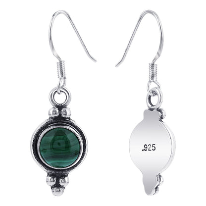 Round Simulated Green Malachite French Hook Drop Earrings in .925 Sterling Silver