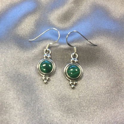 Round Simulated Green Malachite French Hook Drop Earrings in .925 Sterling Silver