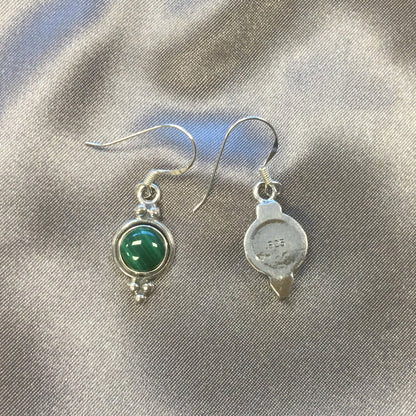 Round Simulated Green Malachite French Hook Drop Earrings in .925 Sterling Silver
