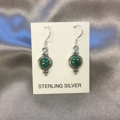 Round Simulated Green Malachite French Hook Drop Earrings in .925 Sterling Silver