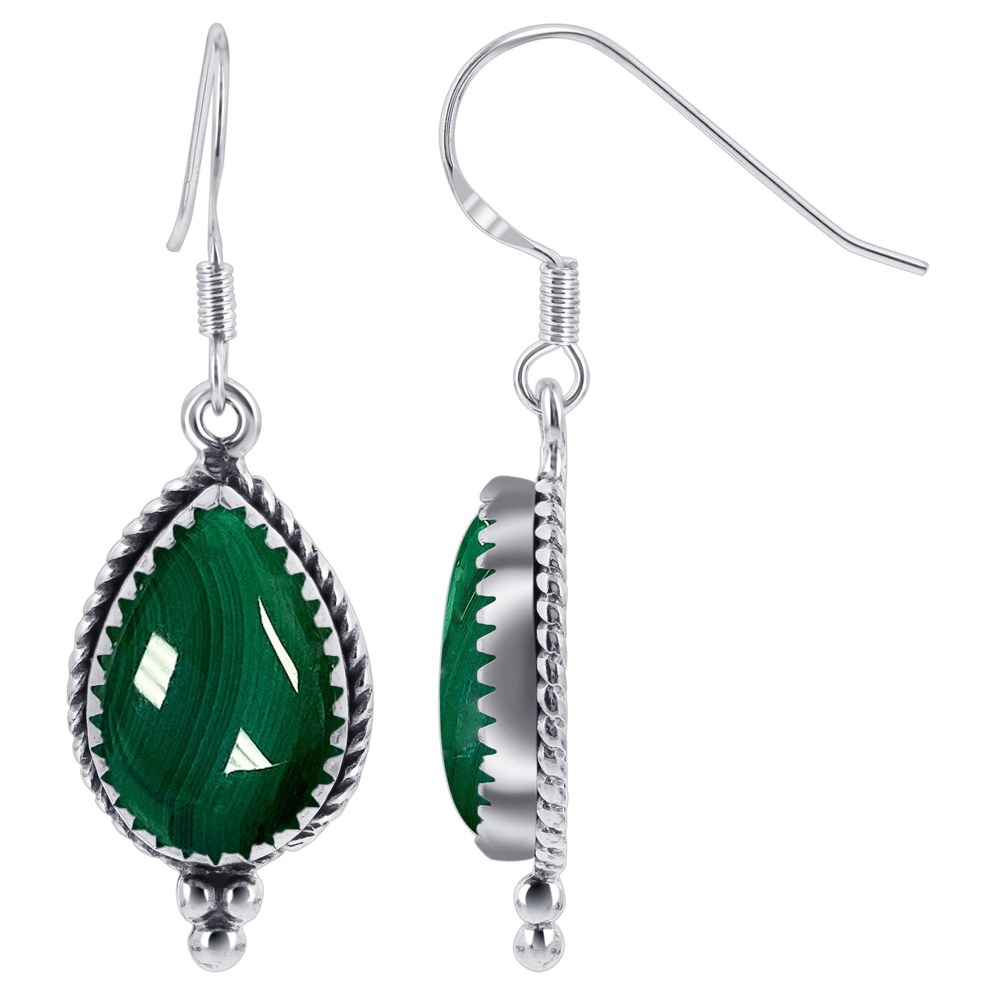 Pear Shape Simulated Green Malachite Drop Earrings with .925 Sterling Silver