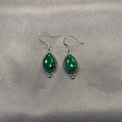 Pear Shape Simulated Green Malachite Drop Earrings with .925 Sterling Silver