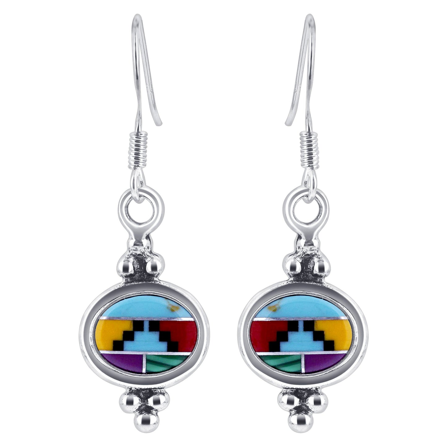Oval Simulated Multicolor Concho Drop Earrings .925 Sterling Silver