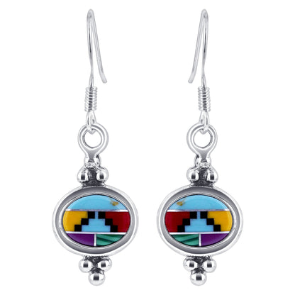 Oval Simulated Multicolor Concho Drop Earrings .925 Sterling Silver