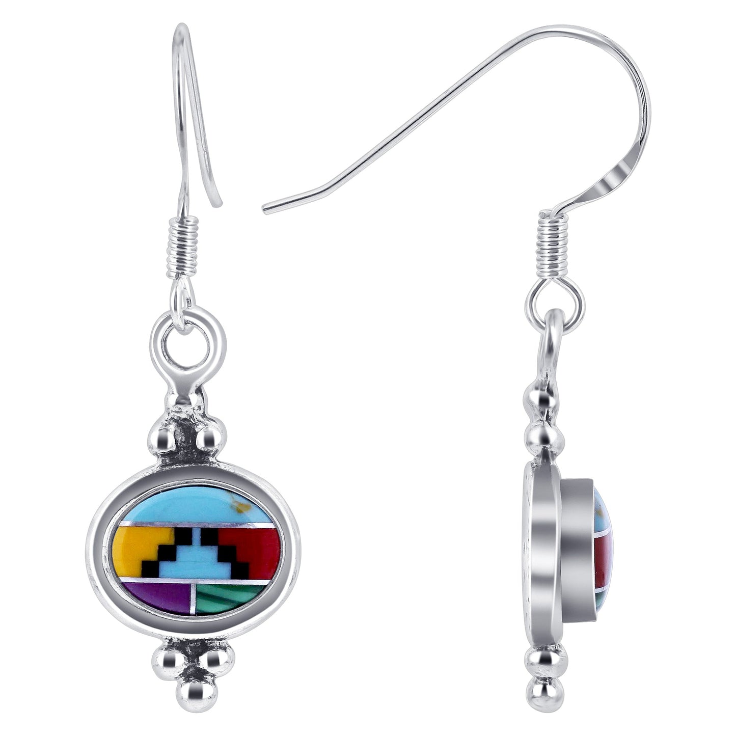 Oval Simulated Multicolor Concho Drop Earrings .925 Sterling Silver