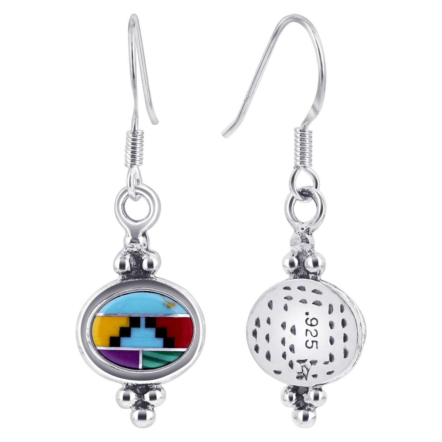 Oval Simulated Multicolor Concho Drop Earrings .925 Sterling Silver
