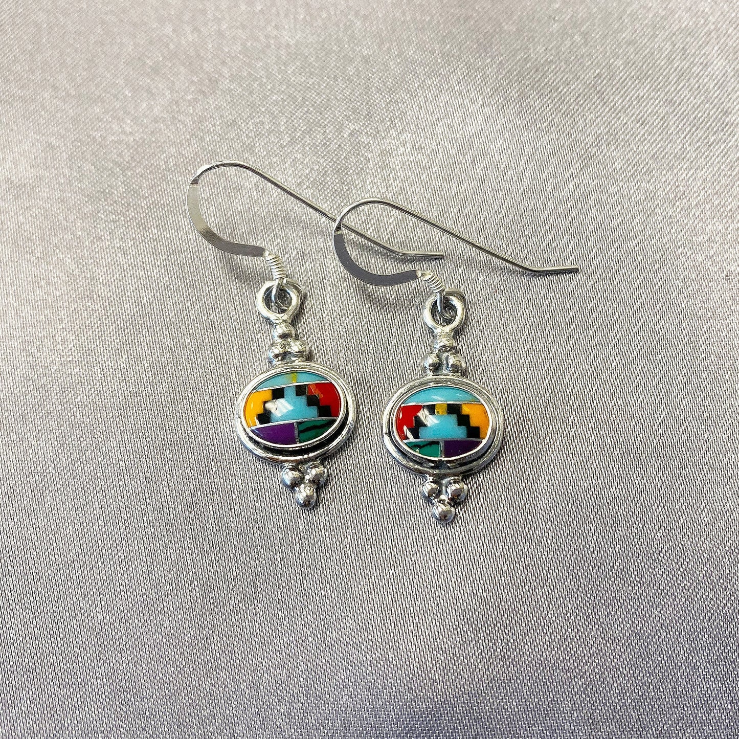 Oval Simulated Multicolor Concho Drop Earrings .925 Sterling Silver