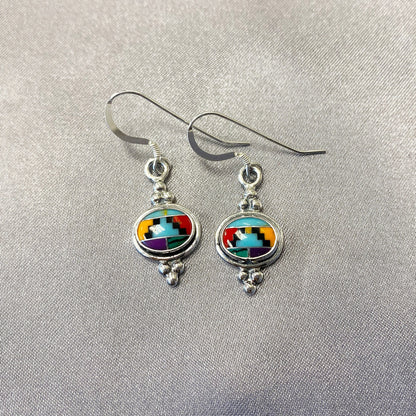 Oval Simulated Multicolor Concho Drop Earrings .925 Sterling Silver