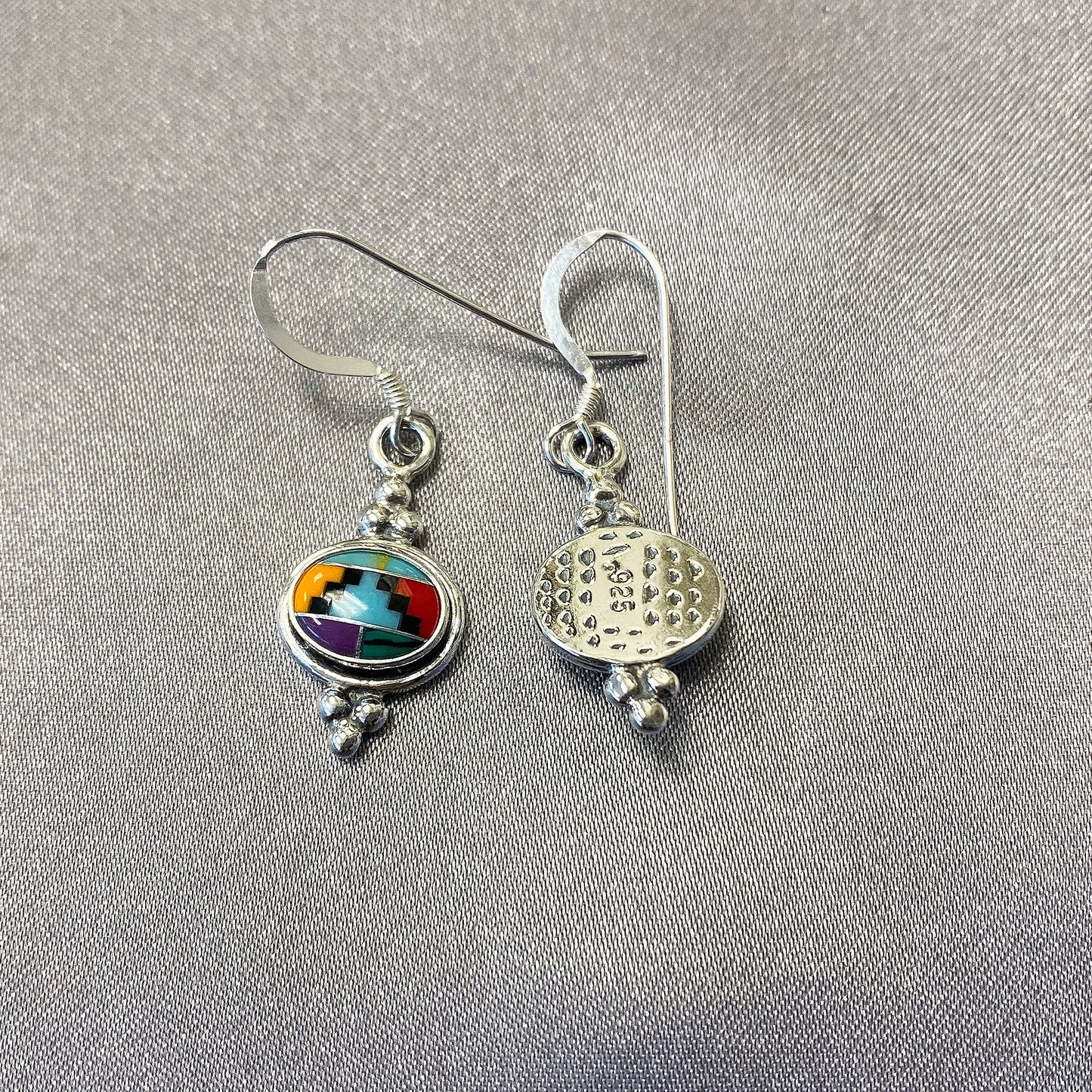 Oval Simulated Multicolor Concho Drop Earrings .925 Sterling Silver