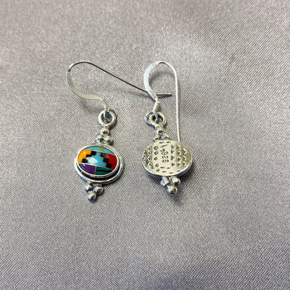 Oval Simulated Multicolor Concho Drop Earrings .925 Sterling Silver